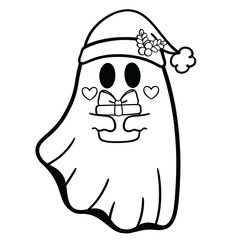 Santa ghost holding Christmas gift cute spooky line art illustration 	
