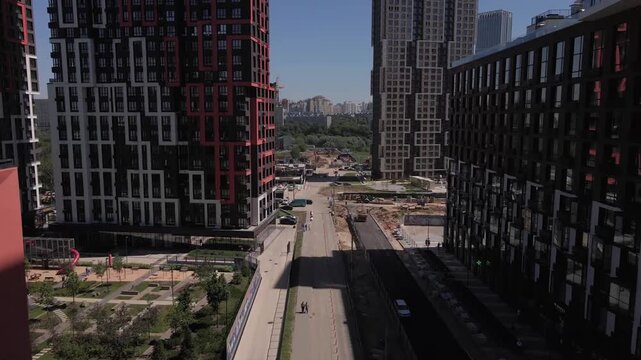 Russia Moscow. A modern microdistrict on the outskirts of Moscow, the capital of Russia, from a bird's eye view. Panoramic top view of modern apartment buildings, highways, streets and squares