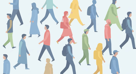 Diverse group of people walking together in various directions.