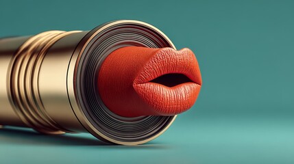 Red lips in a golden tube, sensual intriguing, against a teal background, symbolizing beauty and allure