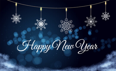 New Year celebration with snowflakes and festive lights in a winter night setting