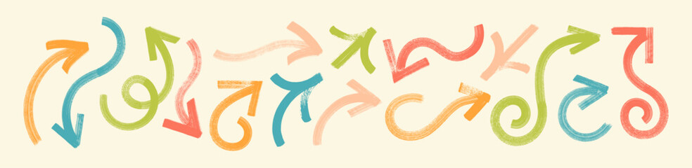 Obraz premium Fun arrow doodle vector set. Bold colorful hand-drawn arrows bg. Curly lines, playful sketch shapes. Brush-painted direction icon swirls, smears. Rough acrylic paint sketched childlike organic strokes