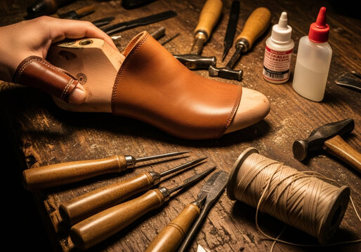 Man shoemaker making leather shoe in workshop. Artisan cobbler working with tools for craft footwear production and repair. Handmade craft.