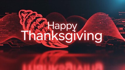 A digitally generated video blending the tradition of Thanksgiving with a sleek digital interface concept. The background features dynamic, abstract red shapes moving in a sophisticated rhythm.  - Powered by Adobe