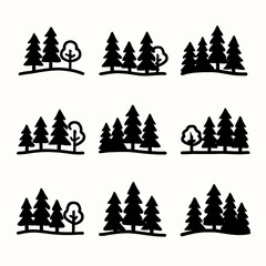 Set of nine black tree silhouettes in forest design