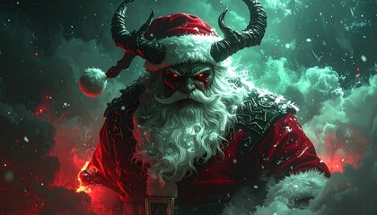 Demonic Santa with glowing red eyes and horns in dark mystical Christmas scene