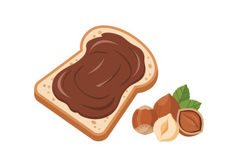 A slice of golden toast is generously smothered in a thick, swirling layer of rich chocolate hazelnut spread, accompanied by a decorative cluster of whole and shelled hazelnuts with fresh leaves