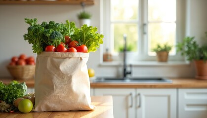 Cloth bag full of fresh garden vegetables like tomatoes and broccoli on kitchen counter. Ingredients for healthy meal prep on wooden table. Natural light from window.