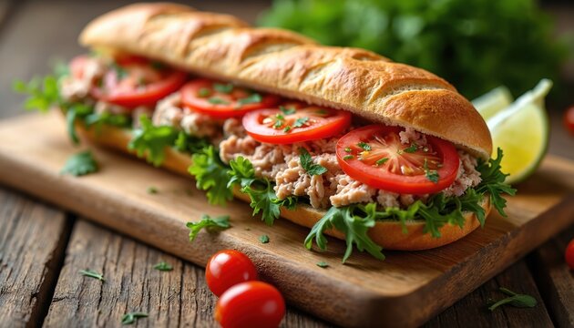 Fresh sandwich filled with savory tuna salad, crisp lettuce, and juicy tomato slices. Served on a rustic wooden board with lime wedges and cherry tomatoes. - Powered by Adobe