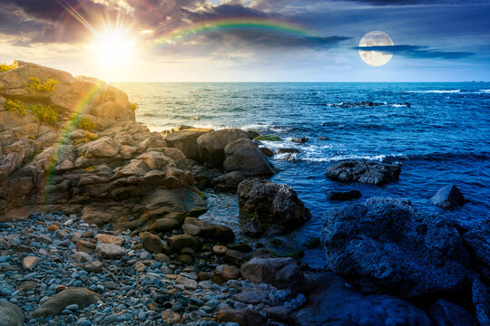 weekend on a rocky beach at the sea. day and night time change concept. beautiful coastline on summer solstice. seascape scenery with clouds above horizon with sun and moon. mysterious weather