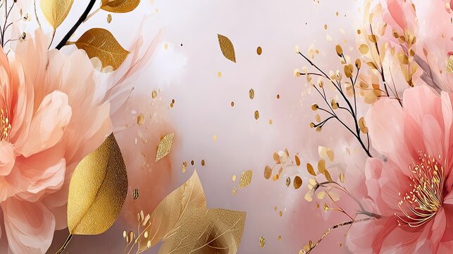 A delicate and elegant floral background featuring soft pink peonies, golden leaves, and scattered gold confetti against a soft, diffused pink and white backdro - Powered by Adobe