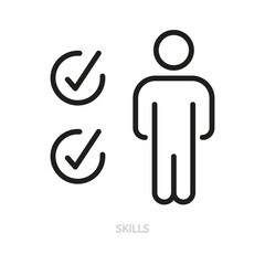 Skills line icon. Worker, employee, human, person symbol. Business, teamwork, work concept. Check mark, correct sign. Isolated on a white background. Editable stroke. Vector illustration. Flat design.