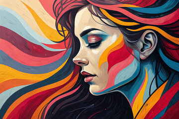 Vibrant Abstract Female Portrait Art in Colorful Waves