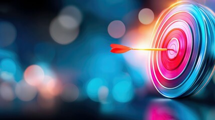 A close-up shot of a target with an arrow in the bullseye, set against a blurred background of colorful lights. The image conveys a sense of focus, precision, a