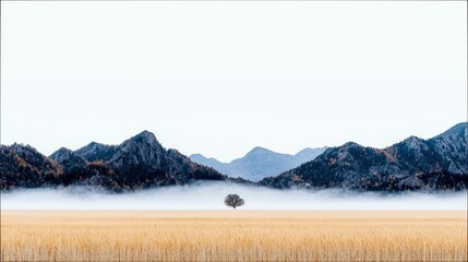 A single tree stands in a vast, golden field of crops. Behind it, a line of dark, misty mountains stretches across the horizon under a bright, overcast sky.