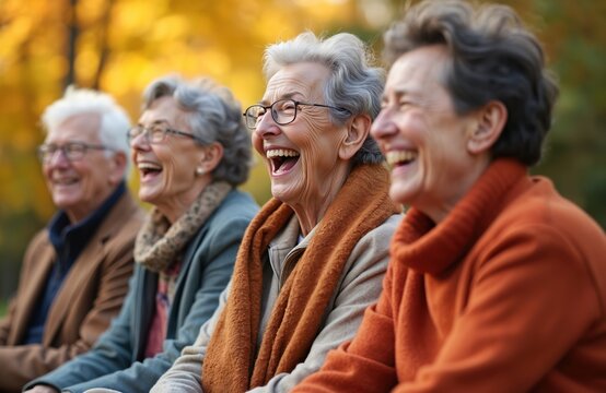 Happy diverse seniors sit together outdoors laughing heartily. Friends share joy and amusement during fall season enjoying time spent with each other. Companionship makes life better.