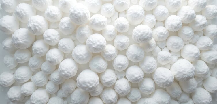 White small balls of foamed polystyrene material create abstract textured background. Many textured spheres fill frame, showing light clean pattern. Surface looks like industrial styrene packaging