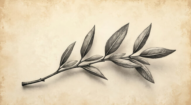 Monochrome charcoal sketch olive branch art. Illustration of botanical plant with leaves. Hand drawn design element isolated on textured beige background. Perfect for nature themed projects