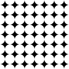Black Starburst Seamless Pattern - Optical Geometric Background with White Circles. Four-Pointed Black Star Tile - Monochrome Abstract Geometric Repeat