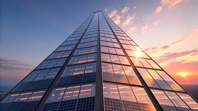 Solar panel skyscraper architecture design sustainable energy building at sunset renewable power