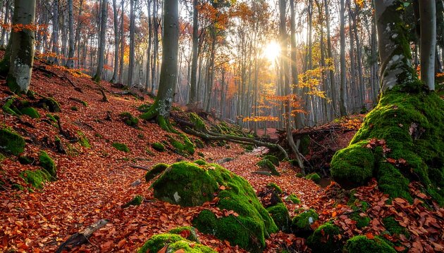 A sunlit forest floor is covered in fallen leaves, with mossy rocks, and trees stretching into the distance - Powered by Adobe