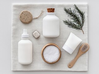 A flat lay arrangement of white spa and bath products, including bottles, a tube, a wooden brush, a bowl of salt, stones, and a pine sprig, set on a textured li