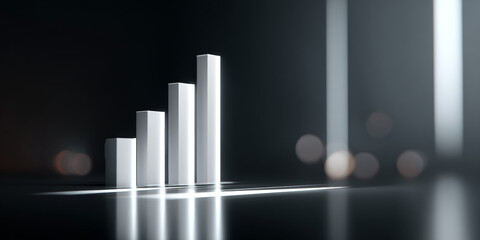 Obraz premium Abstract glowing white bar chart with four ascending columns on reflective surface in dark environment with blurred light streaks