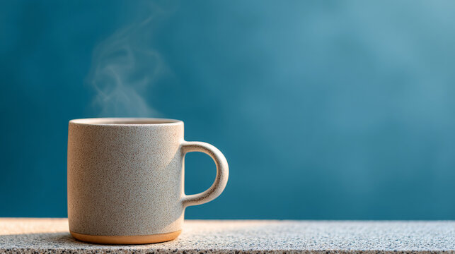 Steaming ceramic coffee mug on textured surface with soft blue background and natural light highlighting warm beverage