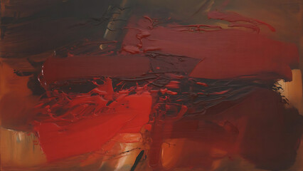Dramatic abstract painting with rich texture and bold red and brown tones