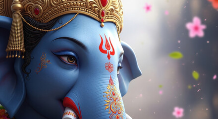 artistic depiction of ganesha with detailed golden crown and radiant blue skin, floating petals accent. cultural celebration, ganesh chaturthi festival, spiritual and devotional illustration