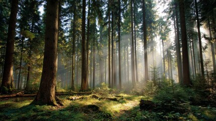 Obraz premium Serene Sunlit Forest with Tall Trees and Soft Rays of Light Piercing Through the Canopy Creating a Tranquil Natural Scene in a Verdant Environment