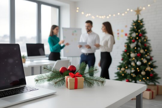 Christmas office with decorated tree and gift on desk - Powered by Adobe