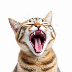 Closeup portrait of a yawning tabby cat showing its teeth and tongue, isolated on white background