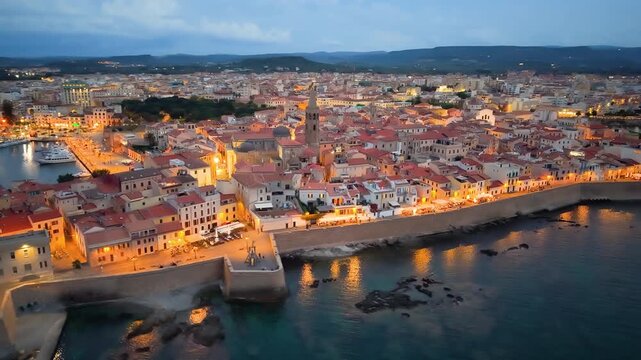 Aerial view of evening seaside fortress, scenic drone footage captures italian coast fortress during sunset evening. Algero