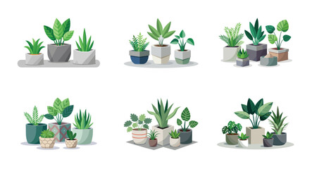 Stylized indoor plant collection in pots with assorted shapes and colors