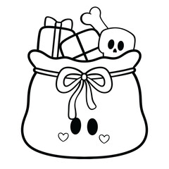 Spooky Santa gift bag with skull bone and presents line art illustration 	
