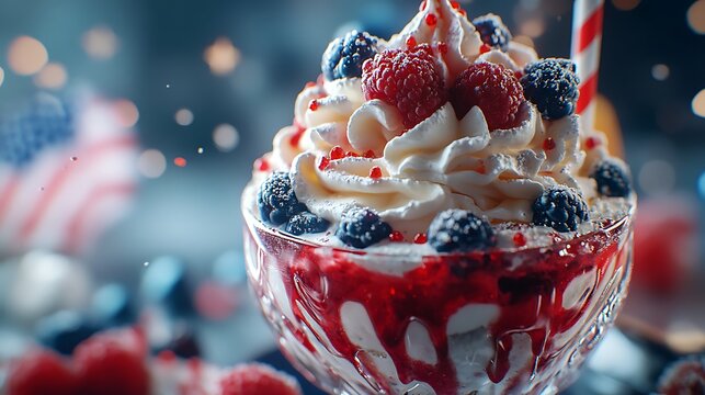 Festive Dessert Delight Red White and Blue Sundae with Cream Berries and Red Sprinkles in Glass Cup Perfect for 4th of July Celebration Long Format Image Suitable for Banner Design - Powered by Adobe