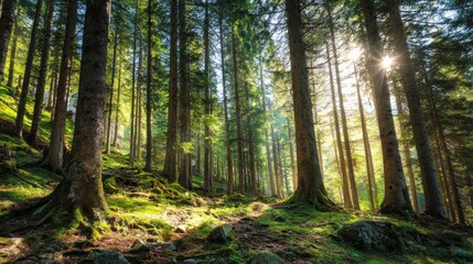 Obraz premium Enchanted Forest with Sunlight Beaming through Trees in Lush Green Wilderness, Captivating Nature Scene for Peaceful Outdoor Escape
