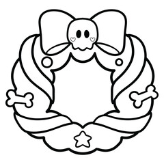 Spooky Christmas wreath with skull and bow line art illustration 
