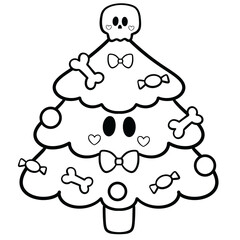 Halloween Christmas tree with skull and candy decorations line art illustration 