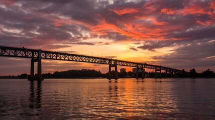 Breathtaking sunset sky glowing above iconic steel river bridge photo
