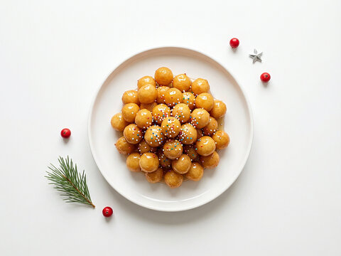 Top-down shot of traditional Italian struffoli with honey and sprinkles, arranged on a white plate with minimal Christmas elements. Clean festive composition with bright light and simple styling