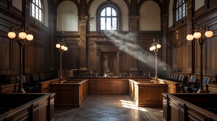 Fototapeta premium Classic Courtroom Interior with Antique Lighting and Dramatic Sunlight Photo