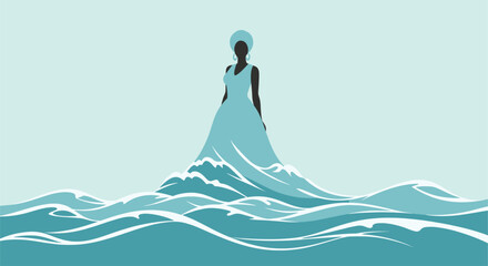 Silhouette of an Elegant Woman with a Headdress Emerging from the Ocean Waves, Symbolizing Strength and Grace on a Tranquil Background