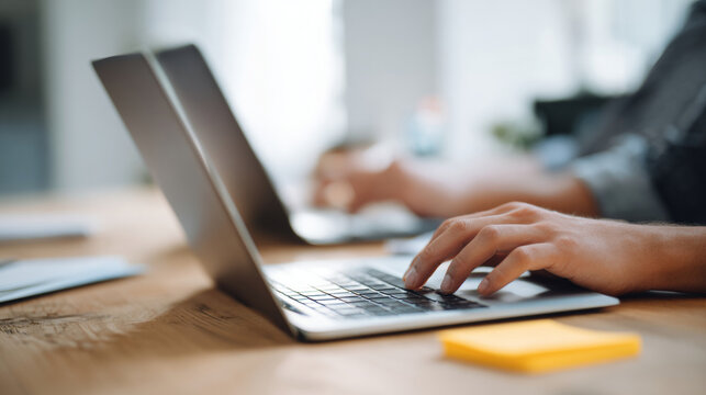 Close-up of hands typing on laptop keyboard in modern environment with blurred background and wooden desk