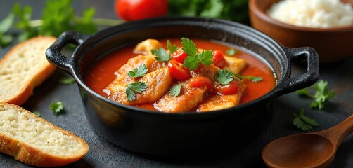 Delicious fish stew served in a black bowl. The dish includes fish fillets fresh tomatoes parsley. Side are croutons and rice. Meal photo is suitable for culinary topics.