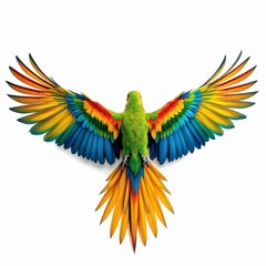 Fototapeta premium Vibrant green macaw parrot flying with wings spread wide isolated on white background