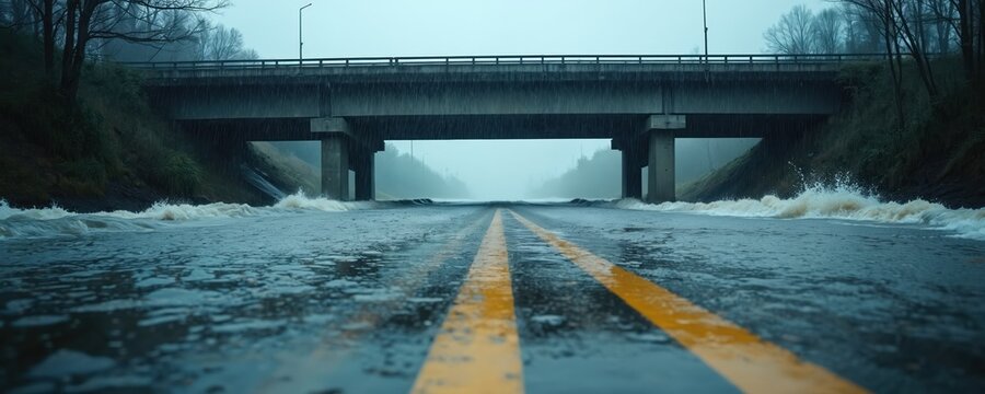 Road flooded under bridge during heavy rain. Water covers asphalt with yellow road markings. Extreme weather event shows climate change impact, drainage system problems. Natural disaster news