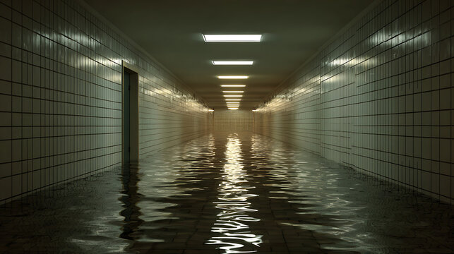 Surreal flooded underground corridor with tiled walls and ceiling lights reflecting in dark water, eerie liminal space aesthetic and mysterious background