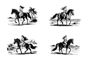 Four beautiful monochrome images of women riding horses in different landscapes